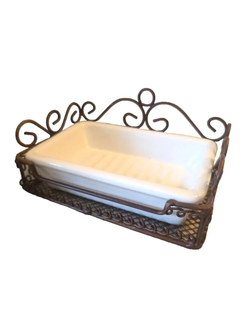 White Ceramic Soap Dish with Wrought Iron Holder Scrolled Brown Metal EUC
